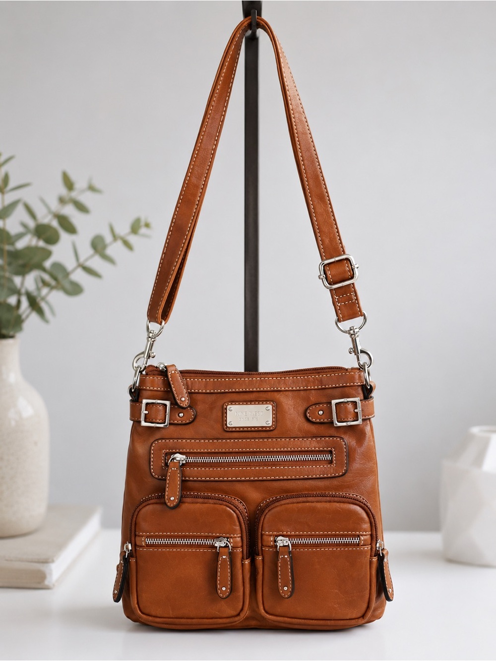 Nine West Brown Leather Multi-Pocket Crossbody Bag